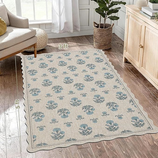 ORTIGIA Scalloped Easy Jute 3x5 Area Rug Vintage Blue Floral Farmhouse Washable Rug Non-Slip Indoor Outdoor Carpet for Living Room Bedroom Kitchen Patio Entryway