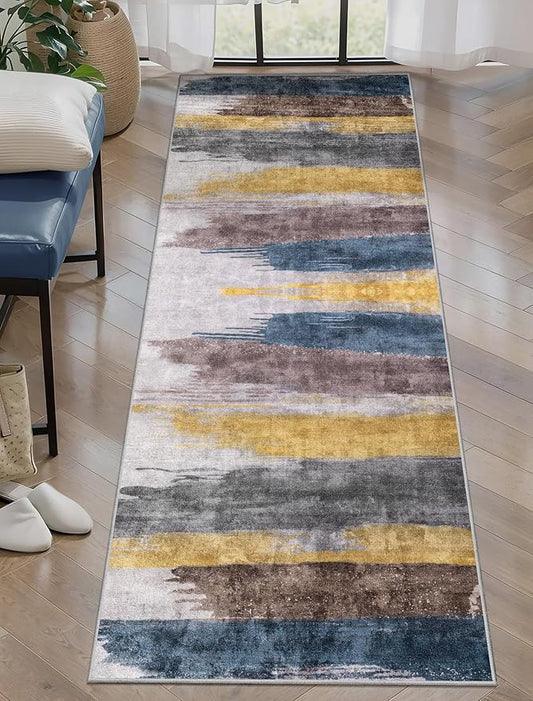 Ciicool 2x6 Washable Runner Rug, Modern Abstract Hallway Rugs Runner, Non-Slip Thin Accent Rug Lightweight Yellow Grey Blue Print Distressed Carpet for Laundry Entryway Bedroom Kitchen Indoor