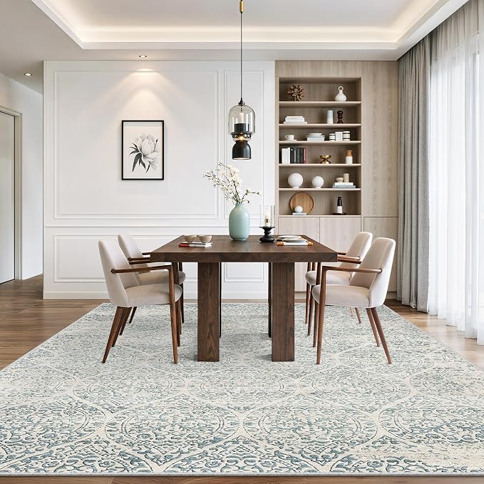 Soalmost 8x10 Area Rugs for Living Room, Moroccan Trellis Washable Soft Rug | Stain Resistant Non-Slip Low Pile Natural Large Carpet for Dining Room Bedroom Home Office Nursery Teal Blue, 8'x10'