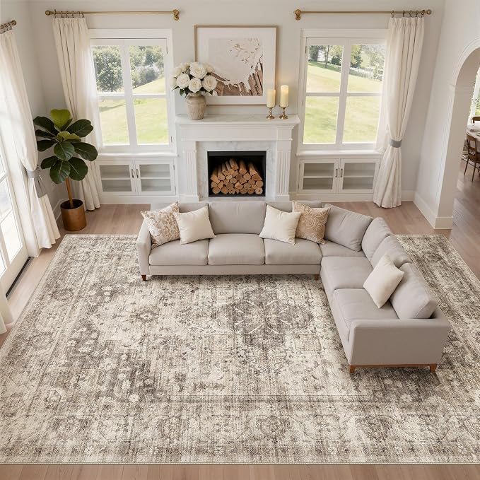10x14 Area Rugs Living Room: Washable Boho Large Neutral Vintage Soft Rug Stain Resistant Farmhouse Non Slip Indoor Floor Carpet for Bedroom Nursery Kids Playroom Office Dining Room- Tan
