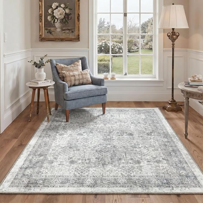 Bavni 2x7 Rug Runners for Hallways, Washable Runner Rug Non Slip,Vintage Floral Print Style Rugs for Bedroom-Lightweight Low Pile Carpet for Hallways Bathroom, Grey Floral