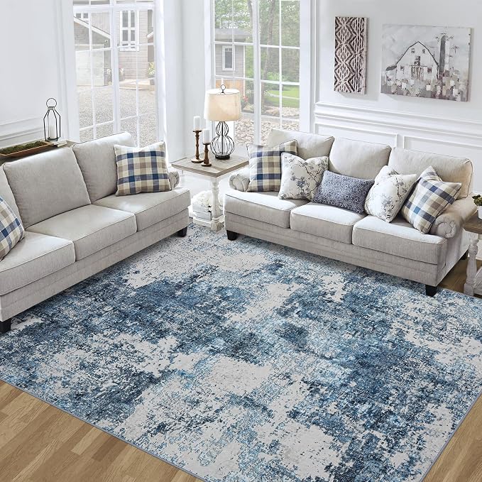 10x14 Area Rugs Living Room Rugs: Large Washable Rug with Anti-Slip Backing Non-Shedding Stain-Resistant Soft Abstract Carpet for Bedroom Dining Room Nursery Home Office- Blue