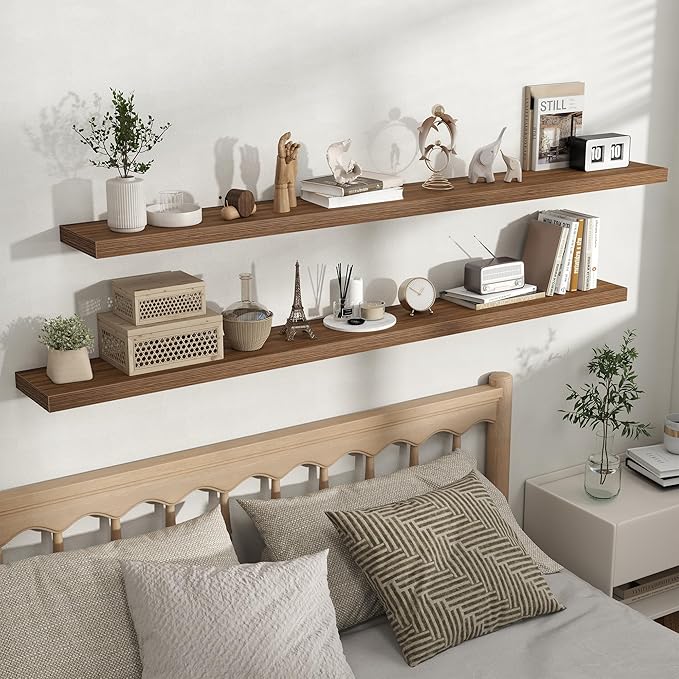 Fun Memories Floating Shelves for Wall, 72 Inch Long Set of 2 Rustic Wood Wall Shelves with Invisible Brackets, Heavy Duty Storage Display for Living Room Bedroom Kitchen, Walnut