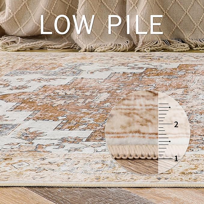 GENIMO 6x9 Area Rugs for Living Room, Machine Washable Non Slip Rugs, Low Pile Lightweight Vintage Print Rug for Bedroom, Dining Room, Home Office, Orange&Beige