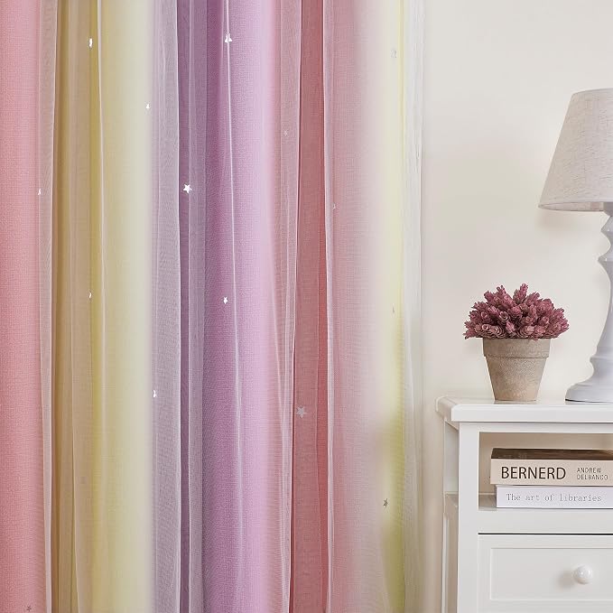 XiDi Curtains for Bedroom Decor, Rainbow Pink PurpleYellow34/90/1