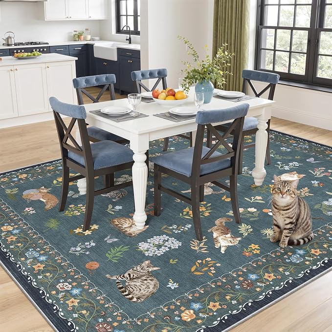 Soalmost Cat 5x7 Area Rugs for Living Room, Machine Washable Animal Floral Vintage Rug Non-Slip Low Pile Soft Throw Rugs for Kitchen Dining Room Bedroom Nursery Playroom (5 x 7,Navy Blue)