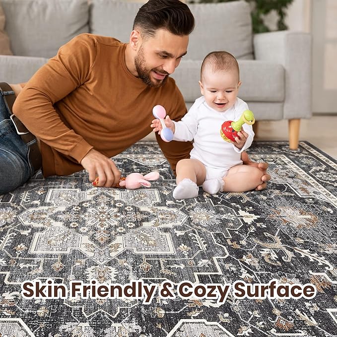 Vintage Living Room Area Rug 5x7 - Large Soft Washable Oriental Traditional Distressed Farmhouse Rugs for Bedroom - Indoor Floor Accent Carpet for Home Office House Decor - Black