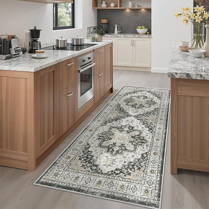 Madane Washable Runner Rug 3x6 Runners for Hallways Non Slip, Black | Vintage Stain-Resistant 6 Feet Kitchen Rug, Soft Low-Pile Ultra-Thin Floor Carpet Mat for Bathroom Laundry Room Bedroom 2x6ft
