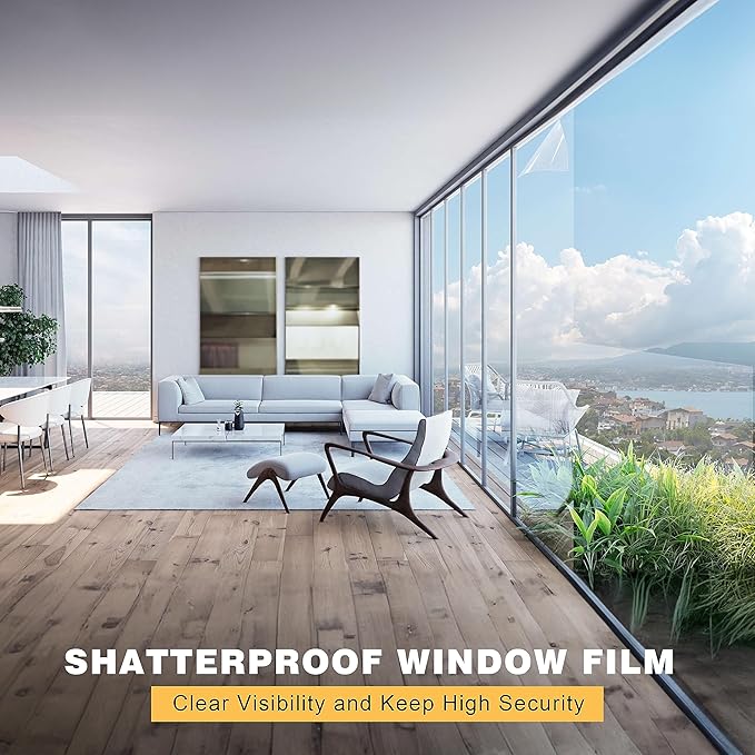 Security Window Film, Transparent Self-Adhesive Shatterproof Film, 2Mil Anti Shatter Tempered Glass Film, Glass Protective Window Film for Home/Office
