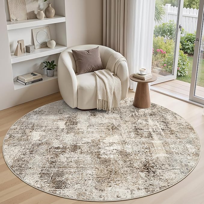 WITSHOCK Area Rugs 6ft Round Living Room Rug - Washable Neutral Soft Low Pile Non-Slip Modern Abstract Thin Large Indoor Carpet for Bedroom Dining Room Nursery Office - Dark Brown