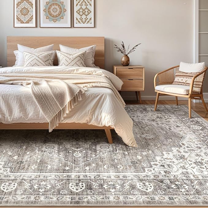 6x8 Area Rug Living Room: Washable Boho Large Neutral Vintage Soft Rug Stain Resistant Farmhouse Non-Slip Indoor Rustic Floor Carpet for Bedroom Nursery Kids Playroom Office Dining Room- Dark Brown
