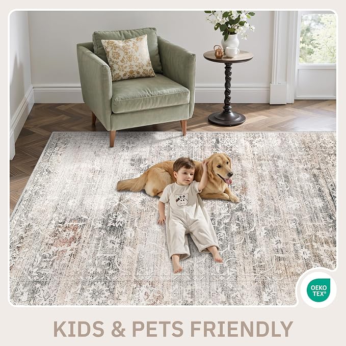 Soalmost 5x7 Area Rugs for Living Room, Washable Bedroom Soft Rug Taupe | Vintage Floral Stain Resistant Non-Slip Low Pile Throw Large Carpet for Dining Room Kitchen Home Office Nursery 5'x7'