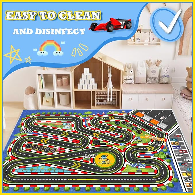 Kids Racing Rug 31''x47'' Car Road Kid Rug Carpet Playmat for Playoom Traffic Road Kid Play Mat for Bedroom，Kids Educational City Traffic Road map Fun Carpet (Blue)