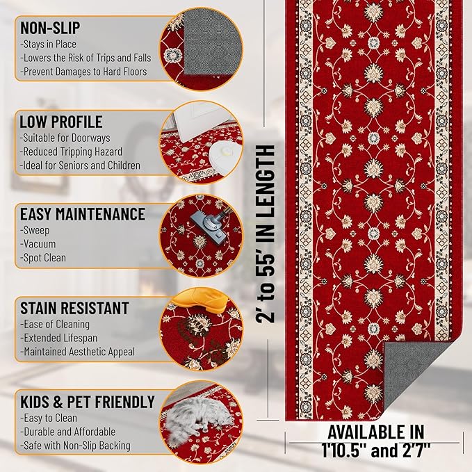 Ottomanson Aisle Runner Rug 1'10.5" x 40' – Soft Non-Slip Rug, Low Pile Carpet for Hallways, Events, Churches & Extra-Long Indoor Spaces, Mahal Red
