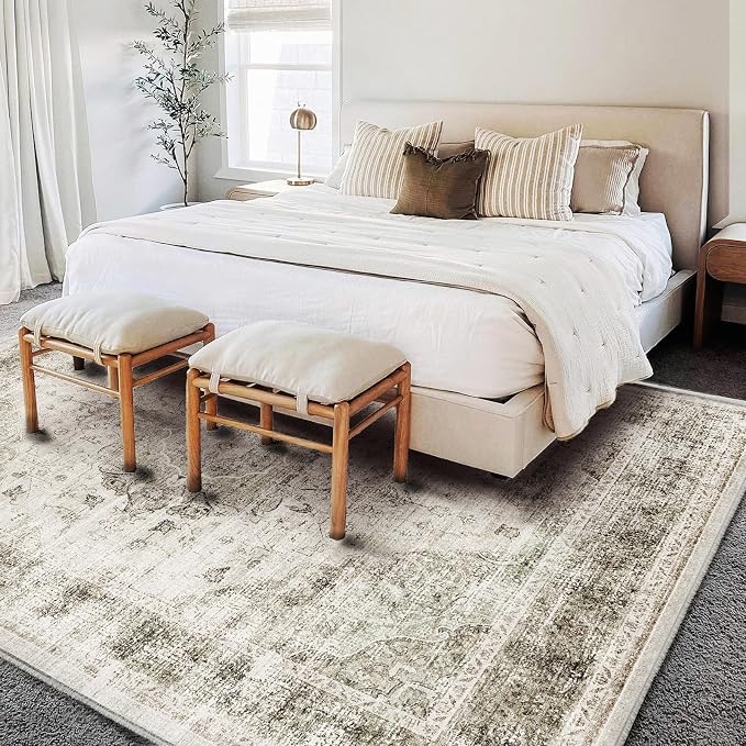 CHAMPLANT Washable Area Rug 9'x12' Retro Floral Khaki Boho Design Non-Shedding Easy Care Ideal for High Traffic Areas in Living Room Bedroom Office Coffee Table Kitchen Large Carpet