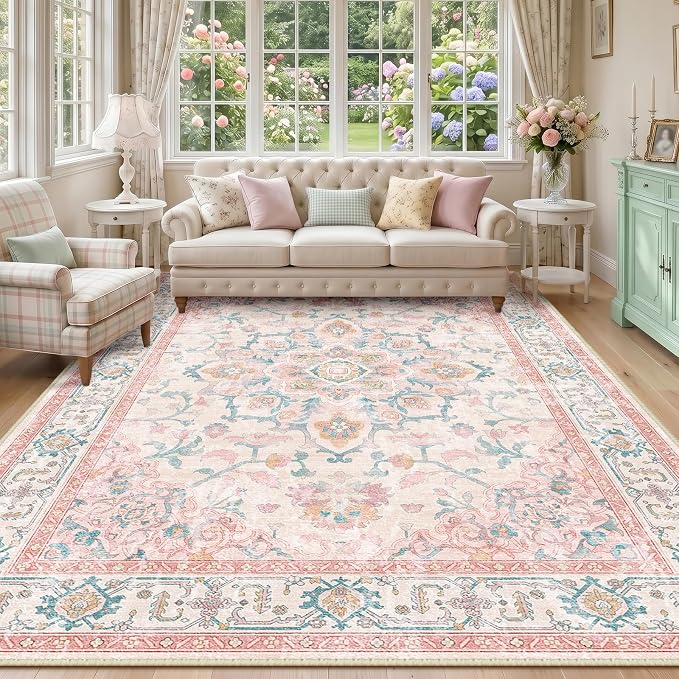 CAPALOCA Machine Washable Rugs Nursery Rug 8x10 Cute Girl Non Slip Low Pile Water Repellent Soft Print Pattern for Bedroom Indoor Decor Kids Playroom Pink Teal