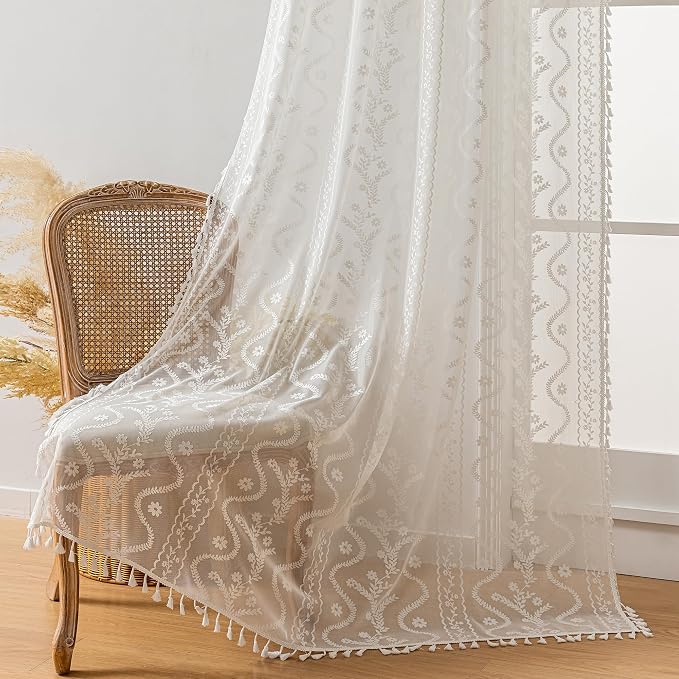 WAZZIO Boho Lace Curtains 2 Panels 72 Inches -Cute Vintage Victorian Sheer Panel Drape French Country Floral Pattern & Tassel Light Filtering Privacy for Bedroom Dining Living Room,White,W52x L72