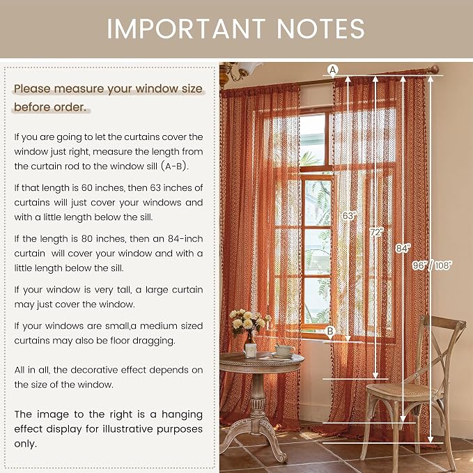 WAZZIO Boho Lace Curtains 84 Inches 2 Panel,Light Filtering Privacy Tassel & Geometry Crochet Semi Sheer Curtain Drapes for Bedroom Living Dining Room,Rod Pocket & Tassel,Full Decor,Burnt Orange