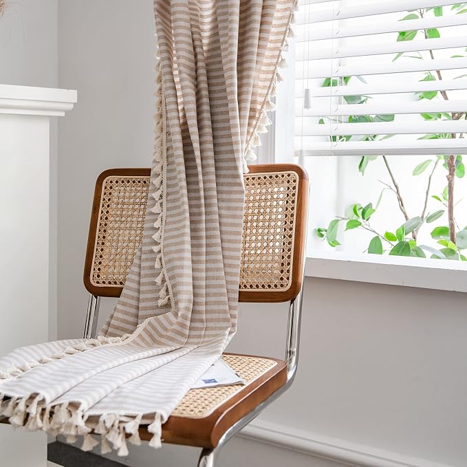 Sutuo Home Boho Curtain 84 Inches Length, Beige Stripes Print Curtain with Handmade Tassels, Rod Pocket Window Treatment Vintage Rustic Bohemian Farmhouse Drape for Bedroom 1 Panel 59" W x 84" L