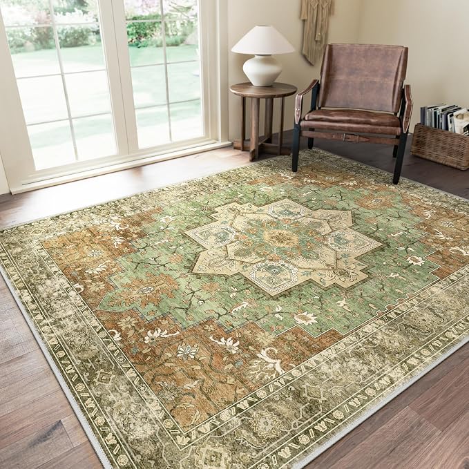 GENIMO 8x10 Area Rugs for Living Room, Machine Washable Rug, Non Slip Indoor Vintage Rug, Low Pile Lightweight Print Carpet for Bedroom Dining Room Home Office, Muted Green Brown