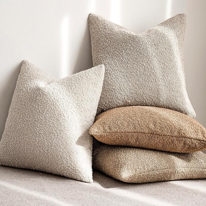 Foindtower Set of 2, Decorative Textured Boucle Throw Pillow Covers Accent Solid Pillow Cases Neutral Cozy Couch Cushion Case for Chair Sofa Bedroom Living Room Home Decor 16 x 16 Inch Ivory Beige