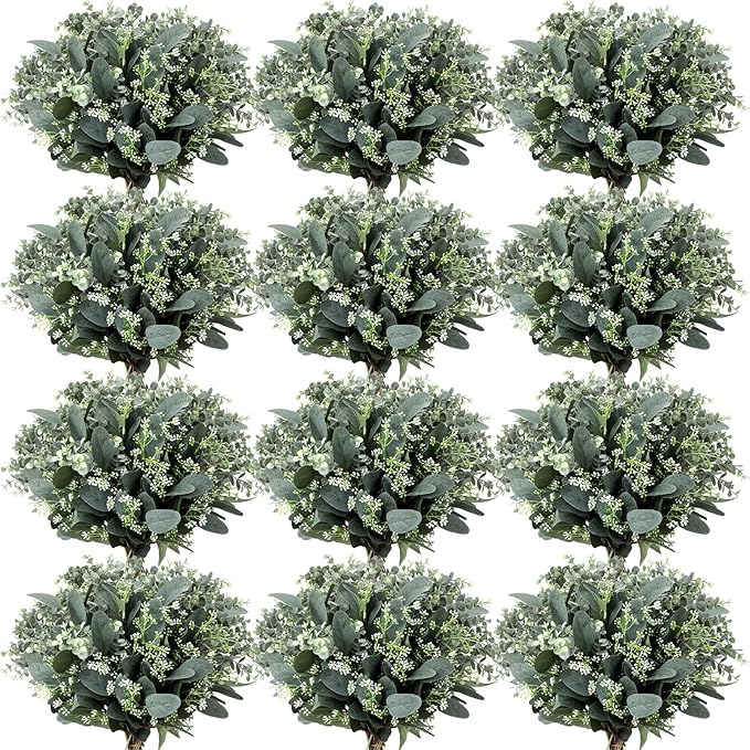 Janinka Mixed Eucalyptus Leaves Stems Bulk with White Seeds Artificial Silver Dollar Leaves Sprays Faux Oval for Wreath Garland Floral Bouquets Arrangement Wedding Greenery Decoration(230)