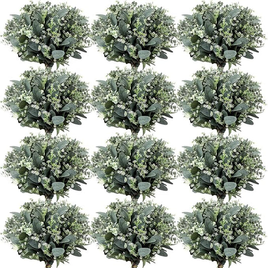 Janinka Mixed Eucalyptus Leaves Stems Bulk with White Seeds Artificial Silver Dollar Leaves Sprays Faux Oval for Wreath Garland Floral Bouquets Arrangement Wedding Greenery Decoration(230)