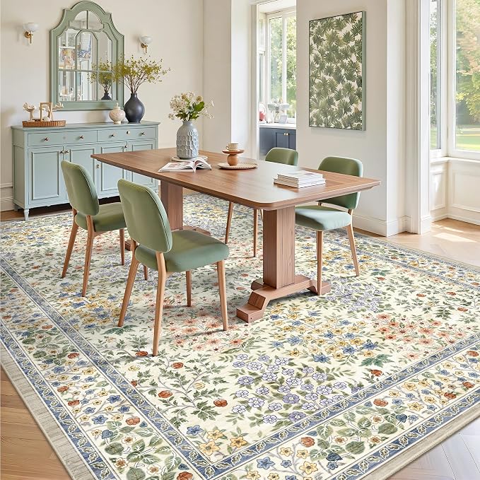 9x12 Area Rugs, Machine Washable Low Pile Floral Rugs for Living Room, Bedroom, Large Boho Area Rug with Non-Slip Backing for Dining Room(Beige Floral)
