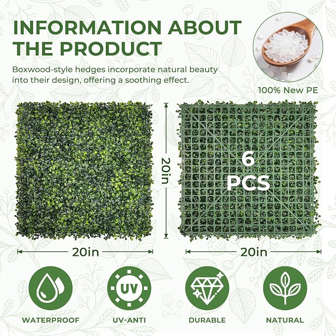 Artificial 20"x20" (6 Pieces) Boxwood Grass Wall Panels Screen | UV-Anti Faux Green Leaf Privacy Fence, Garden/Backyard/Patio/Balcony/Party Greenery Hedge Backdrop, Indoor Outdoor Decor