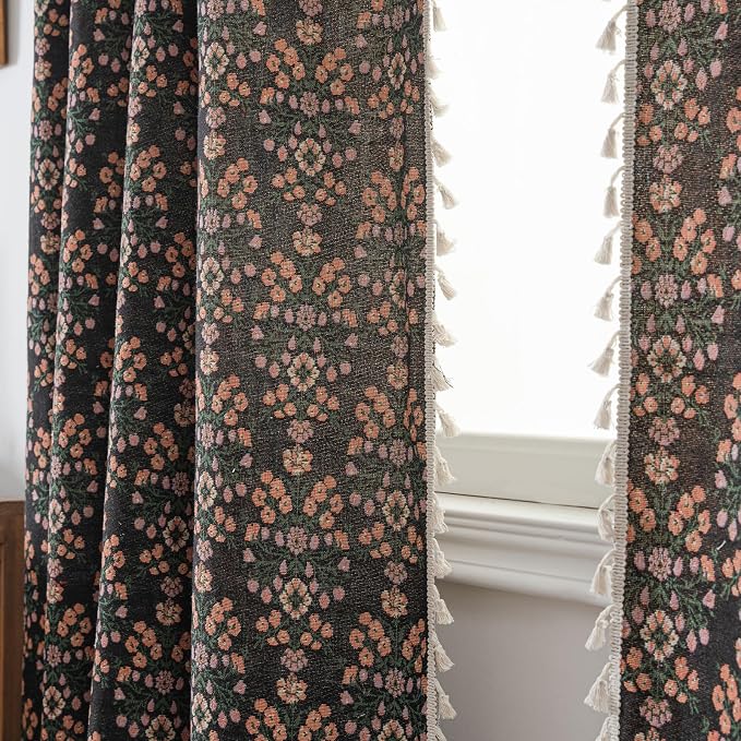 ENJOYBRIDAL Floral 63 Inch Curtains 2 Panel Set Boho Jacquard Drapes Short Black Living Room Semi Sheer Window Curtains Cottagecore Farmhouse Bedroom Chic Decor Rod Pocket Tassel Window Treatments
