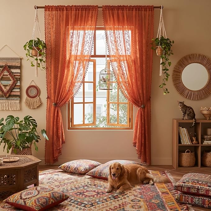WAZZIO Boho Lace Curtains 63 Inch 2 Panels-Vintage Sheer Panel Drape Floral Pattern & Tassel Light Filtering Privacy for Bedroom Dining Living Room,Cottage Earthy Full Decor Terracotta,W52 x 63L