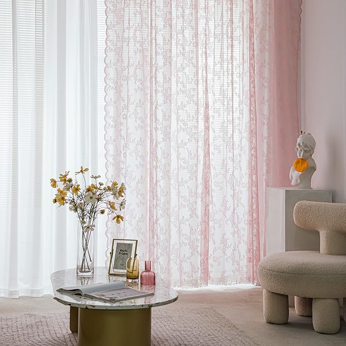 Sutuo Home Lace Curtains 2 Panels Set, Blush Pink Sheer 72 Inch Long Window Floral Vintage Voile Window Panel Treatment for Bedroom/Living Room/Kitchen, Decor Rod Pocket W57 x L72