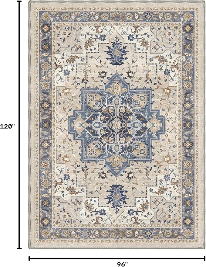 GENIMO 8x10 Area Rugs for Living Room, Machine Washable Rug, Non Slip Indoor Vintage Carpet, Low Pile Lightweight Print Carpet for Bedroom Dining Room Home Office, Blue Cream