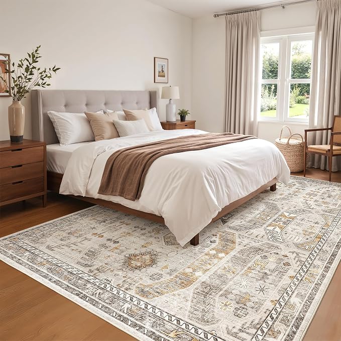 befbee 5x7 Area Rugs for Living Room,Stain Resistant Washable Rug,Non-Slip Backing Rugs for Bedroom,Kitchen,Printed Vintage Home Decor Rug (Brown/Gold, 5'x7')