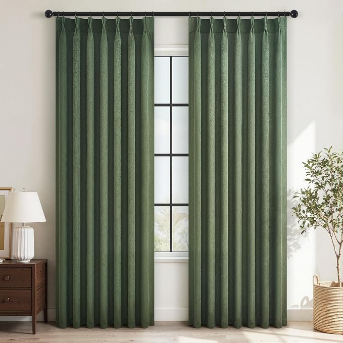 Olive Green Thick Semi Sheer Curtains 96 Inches Long,Linen Textured Boho Natural Bedroom Living Room Home Decor,Cotton Linen Blended Light Filtering Pinch Pleated Window Curtain 8ft Panels Set of 2