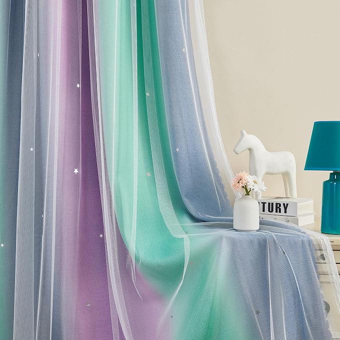 XiDi Curtains for Bedroom Decor, Rainbow Purplgreen grey34/45