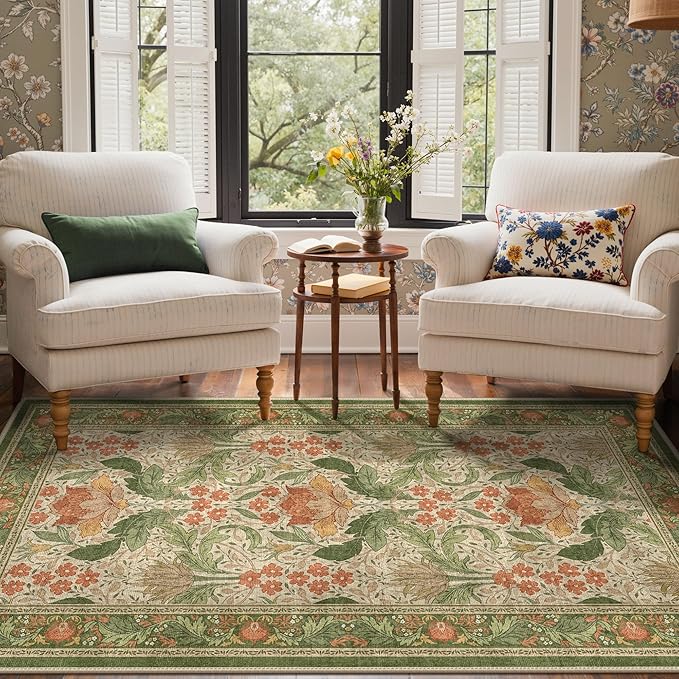 Bavni 4x6 Area Rugs, Floral Machine Washable Rugs for Living Room, Dinning Room, Bedroom, Non Slip Aesthetic Vintage Low Pile Durable Lightweight Farmhouse Rug, Sage Green & Burnt Orange