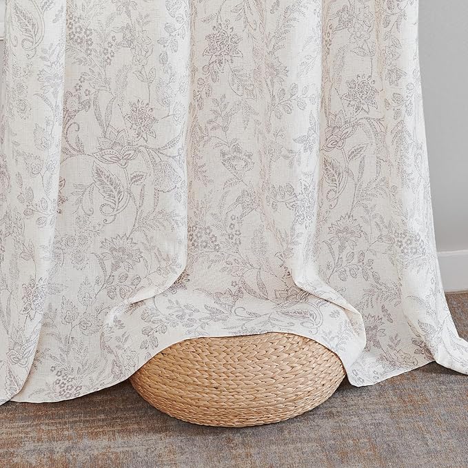 jinchan Floral Linen Blend Curtains for Living Room Verbena Grey French Country Farmhouse Curtains 63 Inches Long Light Filtering Window Back Tab Semi Sheer 2 Panels