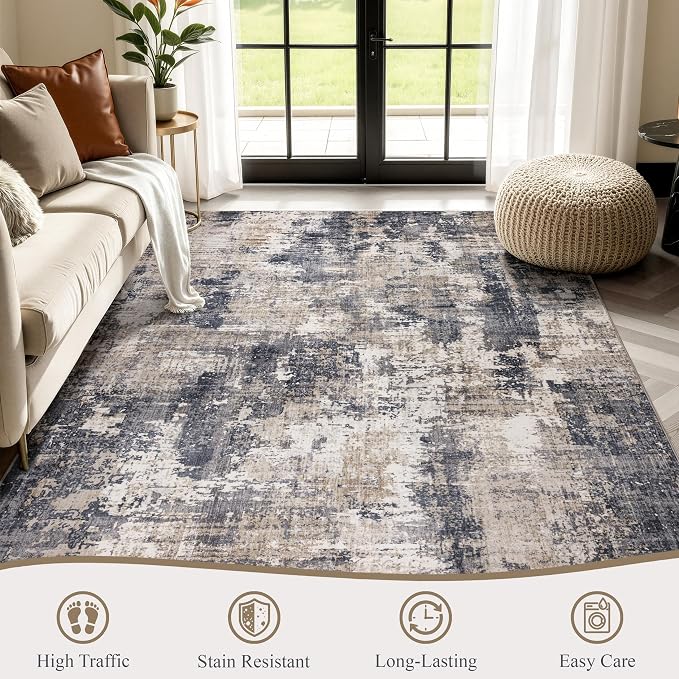 Sasttie 8x10 Soft Area Rug for Living Room, Modern Abstract Washable Large Carpet for Bedroom, with Non-Slip Backing, Black and Beige