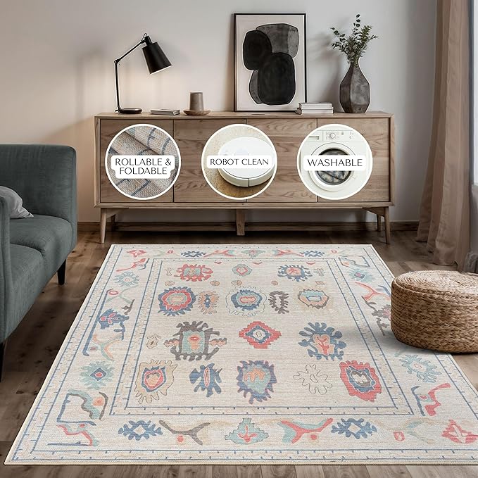 Beige Oushak Large Area Rug 9x12 - Washable Vintage Turkish Non-Slip Backing Pastel Oversized Large Rugs for Living Room Dining Room, Bedroom, Lounge, Farmhouse