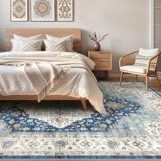 7x9 Area Rug Living Room: Washable Boho Large Neutral Vintage Soft Rugs Stain Resistant Farmhouse Non-Slip Indoor Floor Retro Carpet for Bedroom Nursery Kids Office Dining Room- Navy Beige