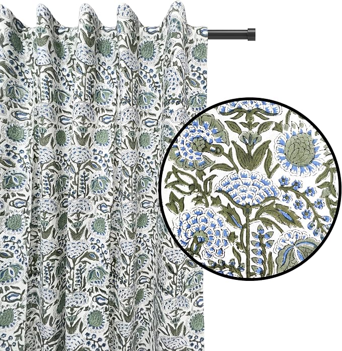 ATOSII 100% Cotton Single Panel Block Print Curtain, Easy Hanging with Rod Pocket & Loop, Living Room, Dining Room, Bedroom Light Filtering Boho Curtains, Set of 1, 60" W X 108" L, Clover Blue