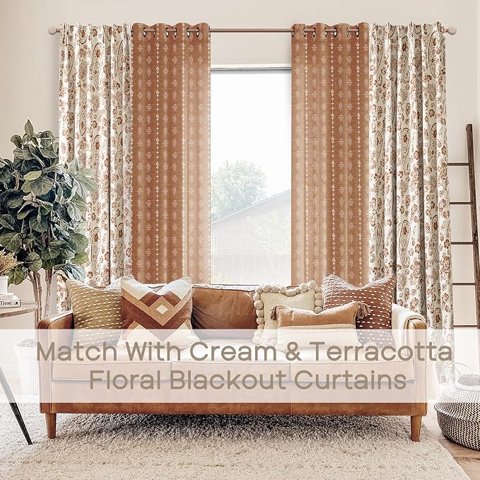 Terracotta Boho Curtains 2 Panels, Burnt Orange Bohemian Patterned Drapes, Western Rust Colored Vintage Floral Linen Sheer Aztec Print Curtains for Bedroom Living Room 84 Inch Long