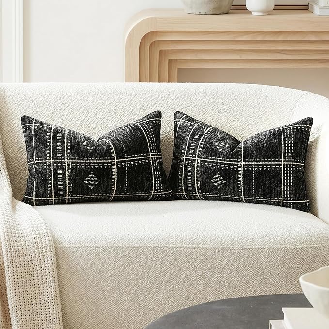 BlissBlush Decorative Lumbar Pillow Covers 12x20 Set of 2, Boho Textured Chenille Accent Rectangular Throw Pillow Covers for Couch Sofa Living Room Home Décor, Black (Cover Only)