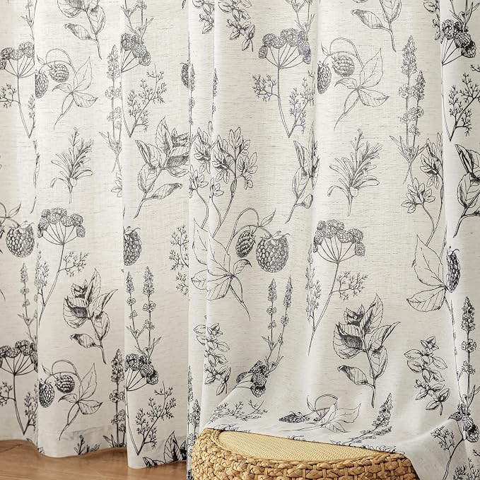 FMFUNCTEX Linen Curtains Floral Patterned Curtain for Bedroom Living Room, Black Curtains 96 Inches Long Farmhouse, Light Filtering Beige Window Curtain Grommet Top 2 Panels Set