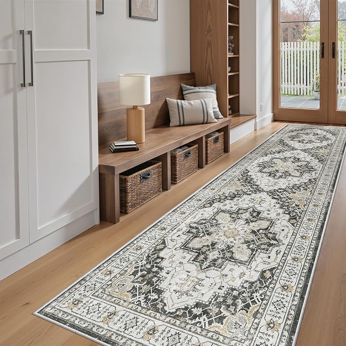 Madane Hallway Runner Rug 2'6''x10' Black, Washable Vintage Kitchen Runners | Non-Slip Rugs 10ft for Laundry Room, Entryway and Bedroom, Soft Low Pile Stain-Resistant Wide 2.5x10 Ft Floor Carpet