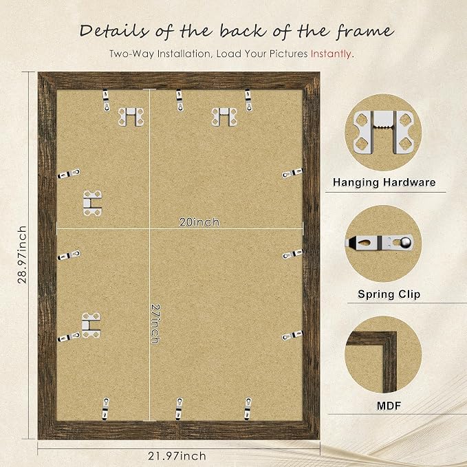 Picrit 20x27 Picture Frame 3 Pack, Wooden Brown Rustic Puzzle Frame, Display Poster 16 x 24 with Mat or 20 x 27 without Mat for Horizontal or Vertical Wall Mounting