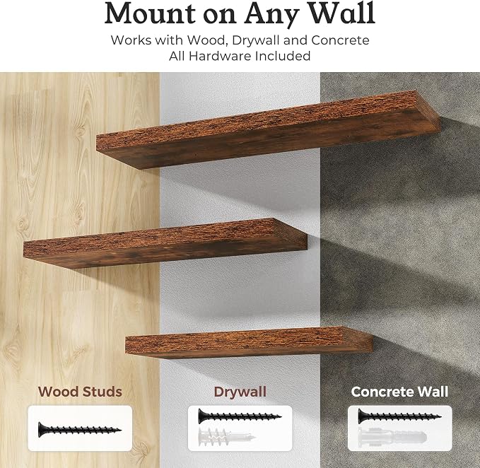 Floating Shelves for Wall, 9.3" Deep Wall Mounted Wood Shelves for Bathroom, Bedroom, 48" Width, 1 Pc