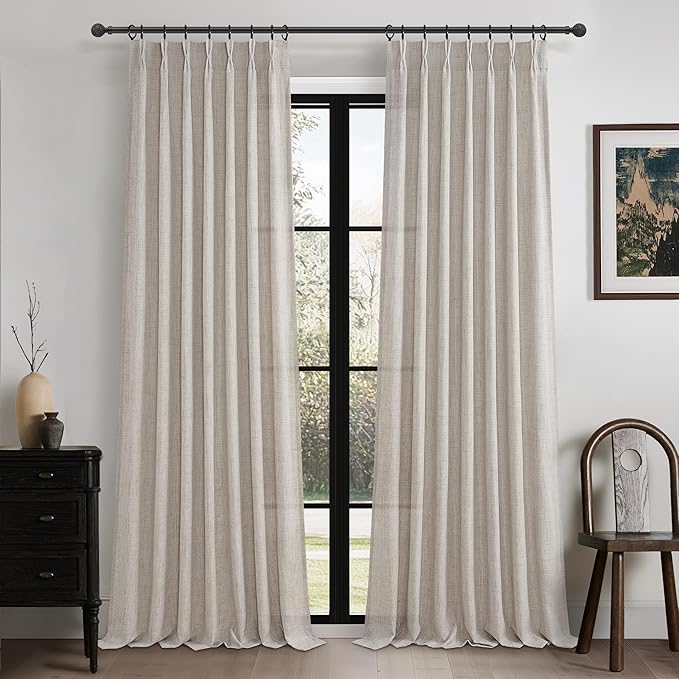 Extra Long 120 Inch Pinch Pleated Curtains for Living Room, Memory Trained Linen Blend Semi Sheer Taupe Light Filtering Privacy Large Windows Drapes 2 Panels Set 10 FT Length Greyish Brown Lux Decor
