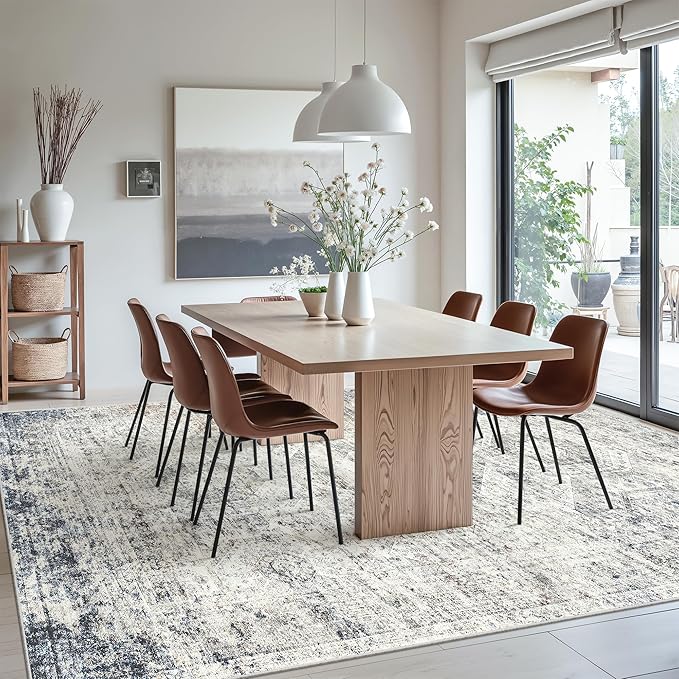 Soalmost Washable Area Rug 8x10, Large Soft Rugs for Living Room Vintage 8x10 Area Rugs for Bedroom Dining Room Non-Slip Stain Resistant Under Table Blue Ivory Rug